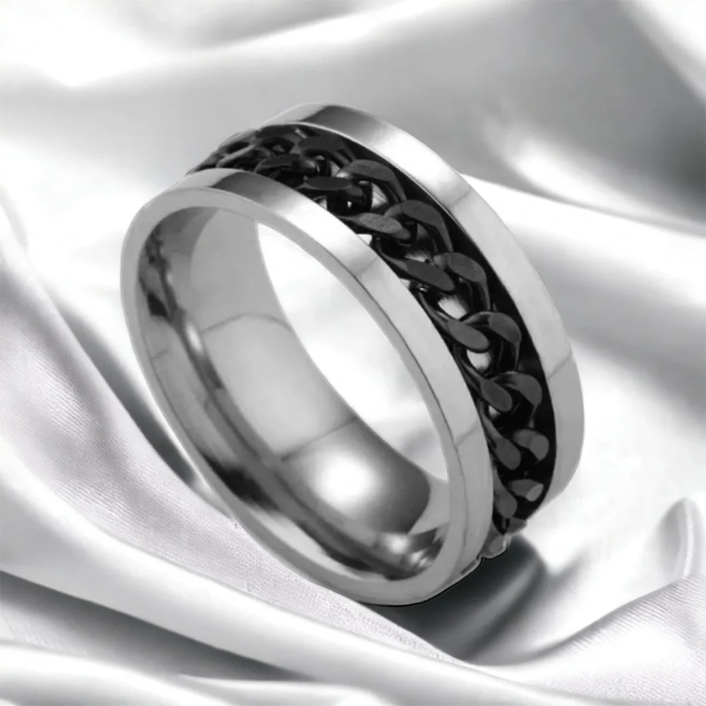 NEW Men’s Black Chain Spinner Ring Silver Stainless Steel Jewelry 8mm Wide